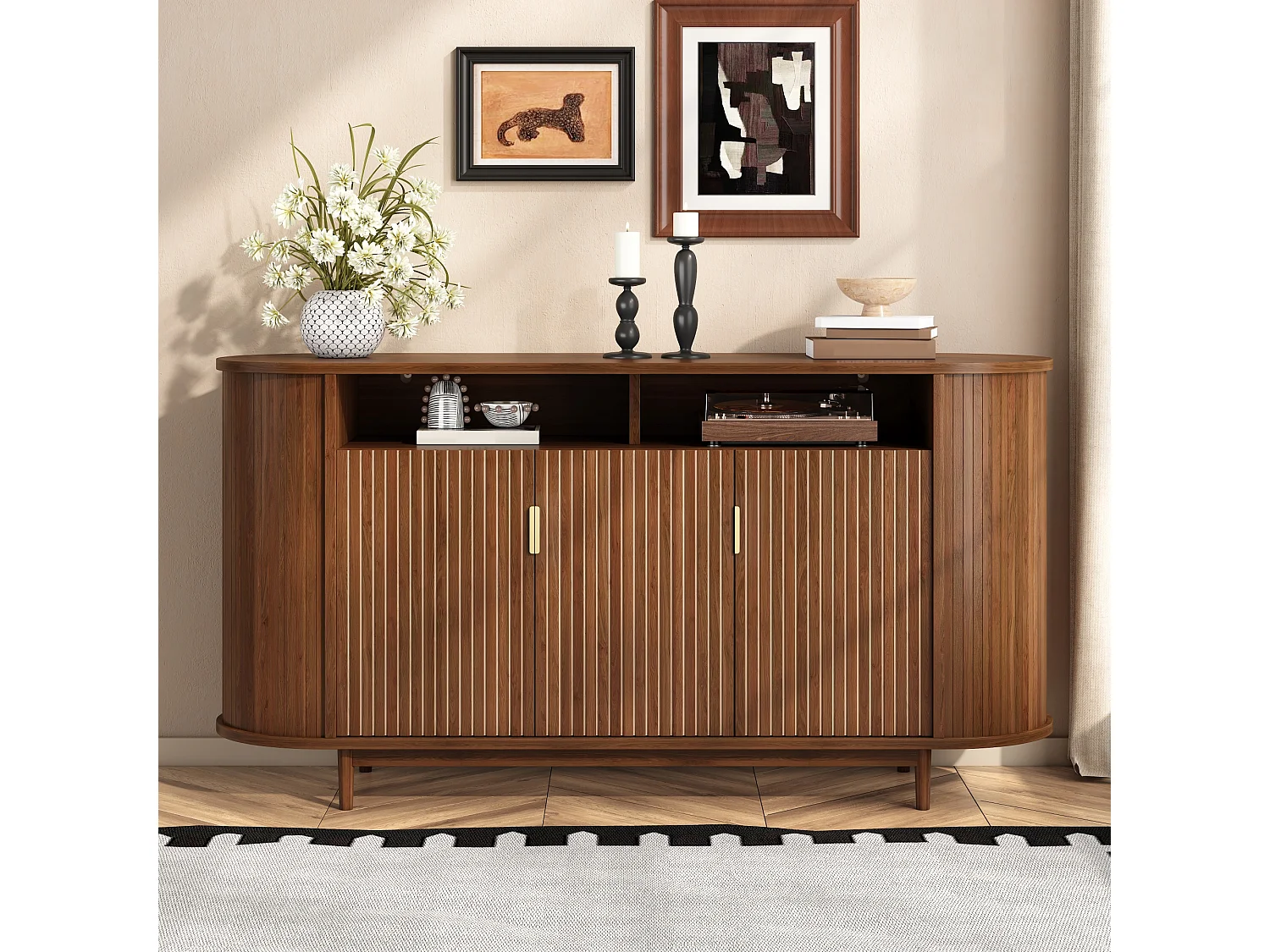 Moderne buffetkast 140 x 40 x 78 cm - Met 3 deuren - Afwerking houtimitatie - Poten van grenen - MDF - Bruin