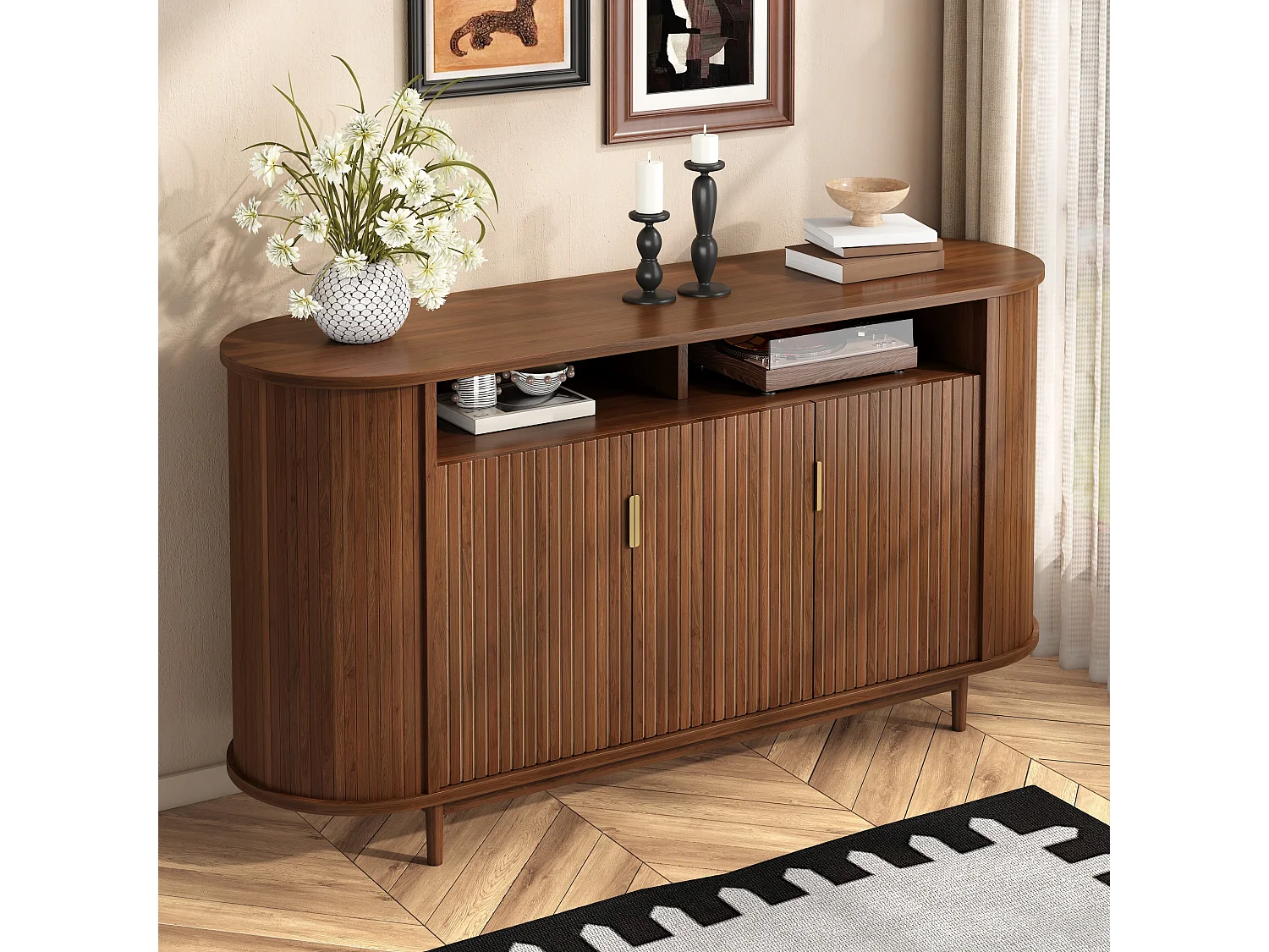 Moderne buffetkast 140 x 40 x 78 cm - Met 3 deuren - Afwerking houtimitatie - Poten van grenen - MDF - Bruin