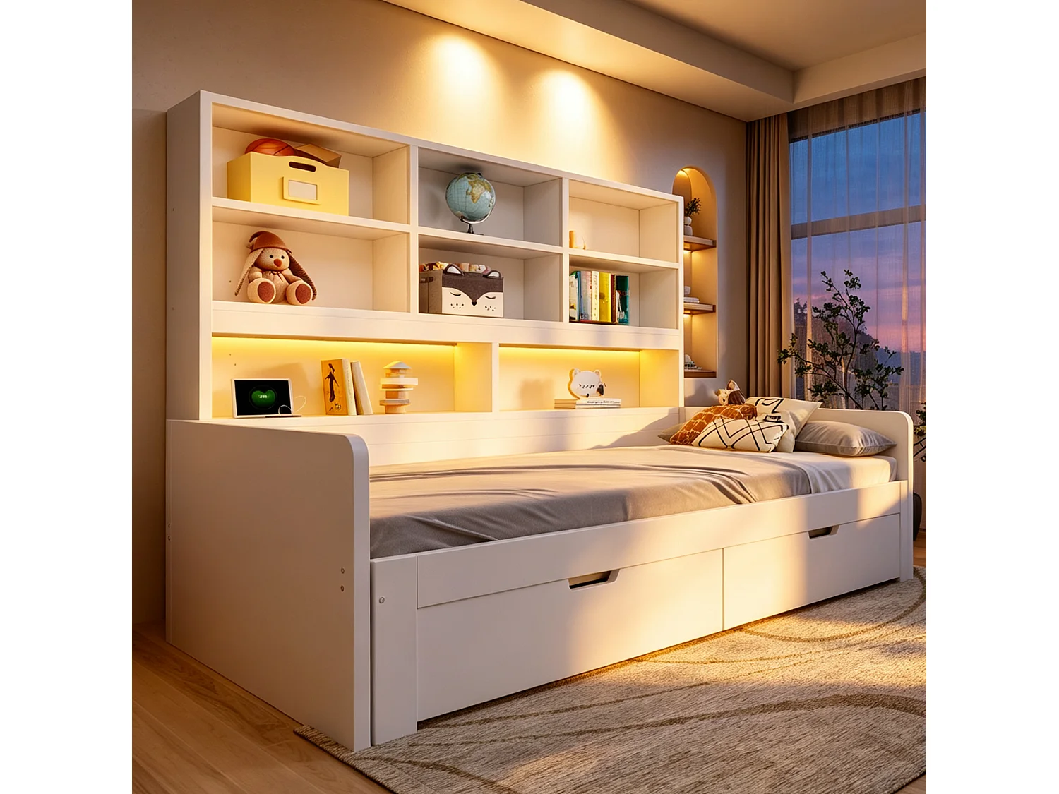 Träbäddsoffa 180 x 200 cm - med utdragbar säng - med LED-belysning - med eluttag - med 2 lådor - vit (madrass ingår ej)