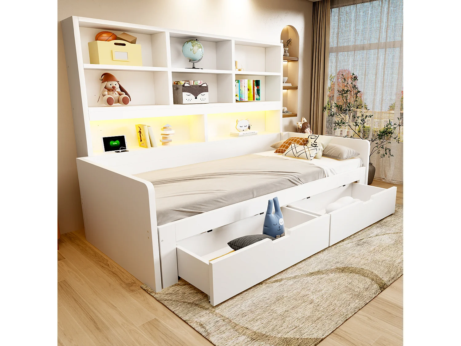 Träbäddsoffa 180 x 200 cm - med utdragbar säng - med LED-belysning - med eluttag - med 2 lådor - vit (madrass ingår ej)