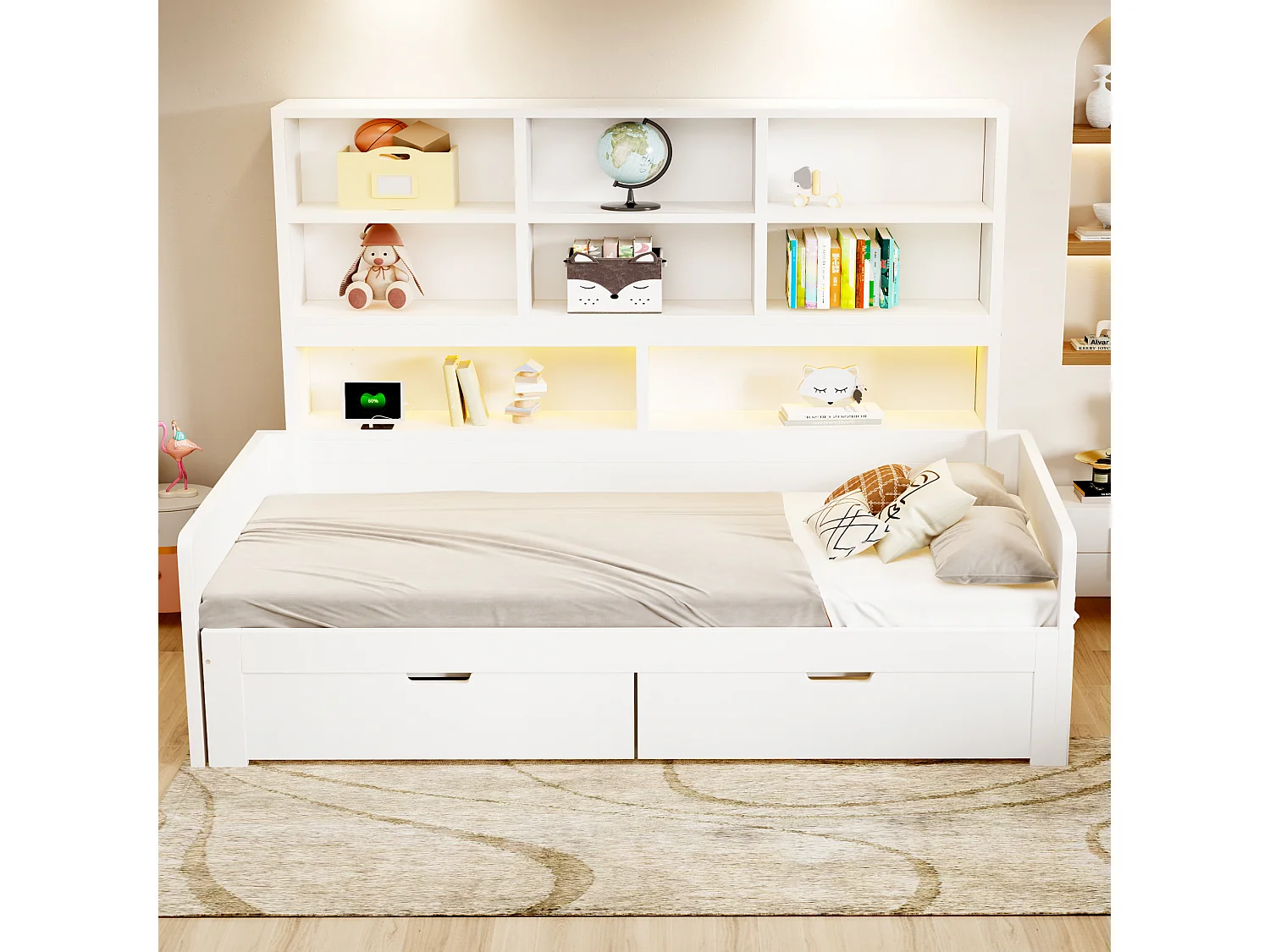 Träbäddsoffa 180 x 200 cm - med utdragbar säng - med LED-belysning - med eluttag - med 2 lådor - vit (madrass ingår ej)