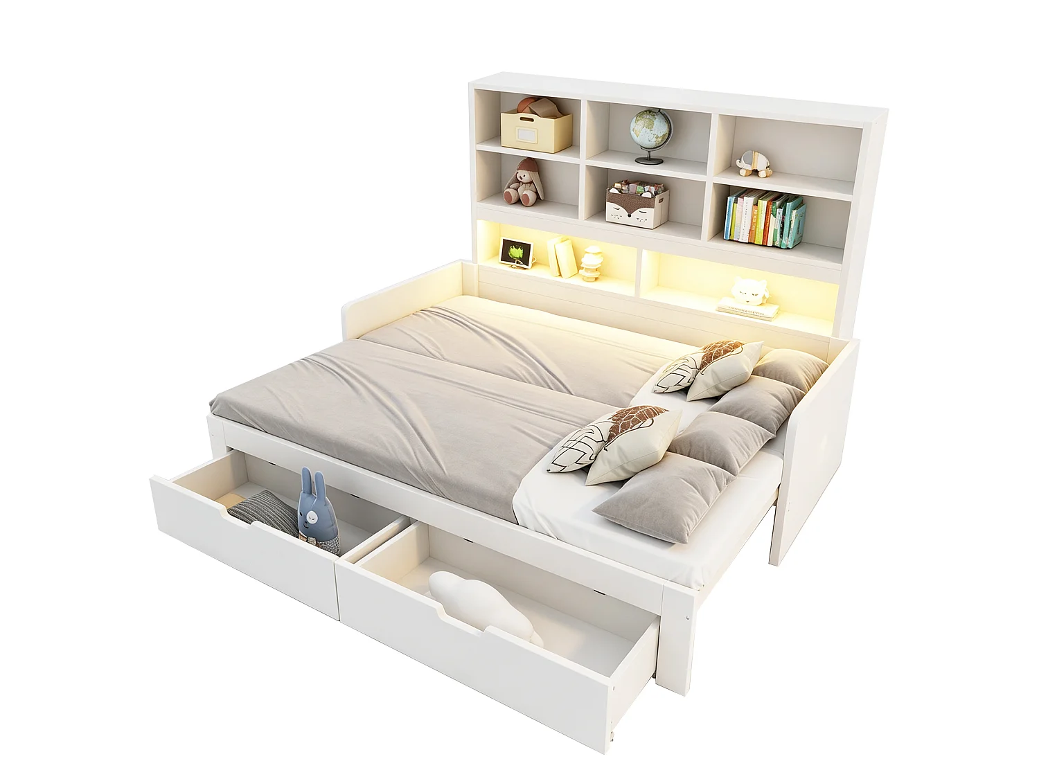 Träbäddsoffa 180 x 200 cm - med utdragbar säng - med LED-belysning - med eluttag - med 2 lådor - vit (madrass ingår ej)
