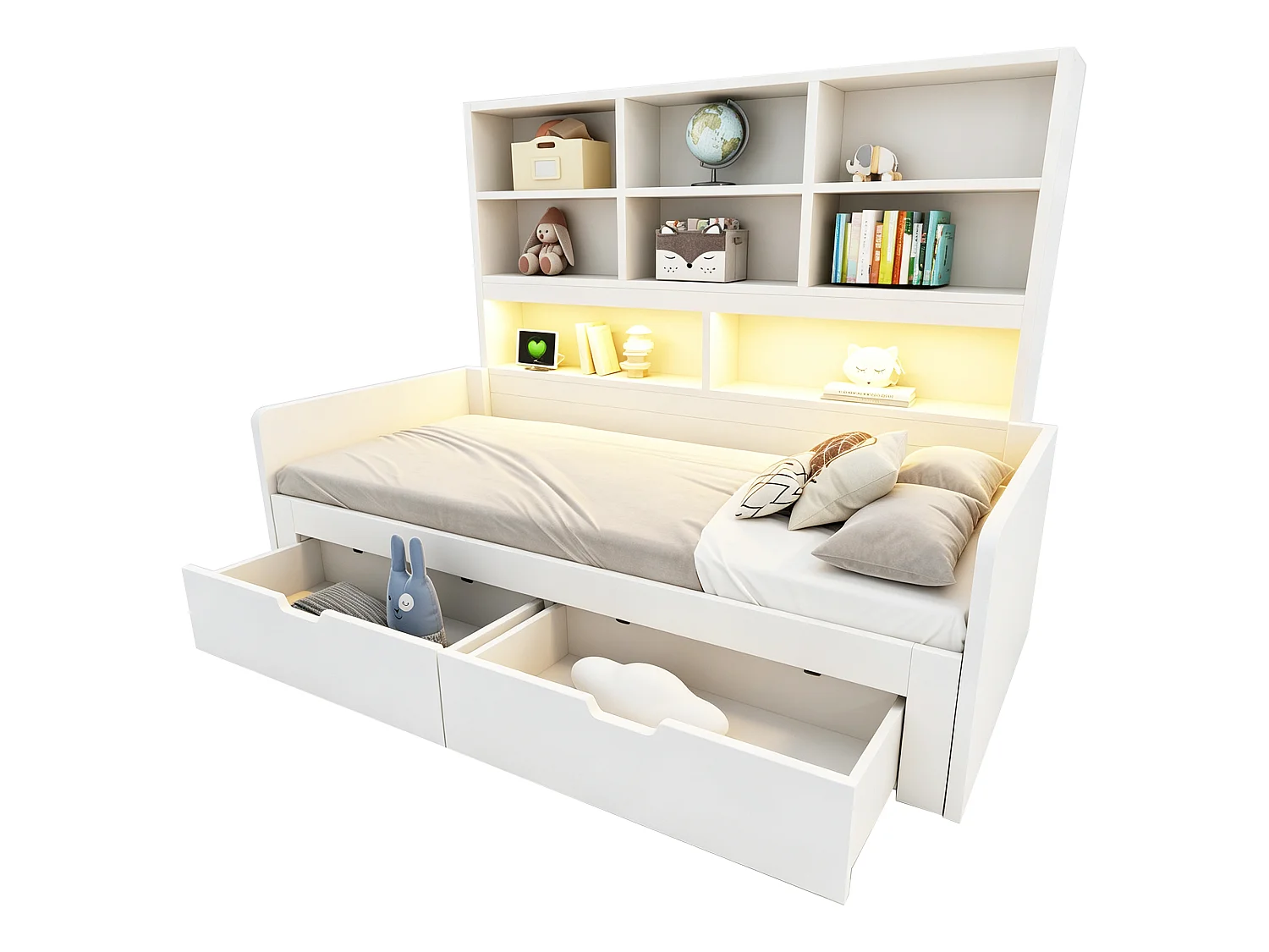 Träbäddsoffa 180 x 200 cm - med utdragbar säng - med LED-belysning - med eluttag - med 2 lådor - vit (madrass ingår ej)