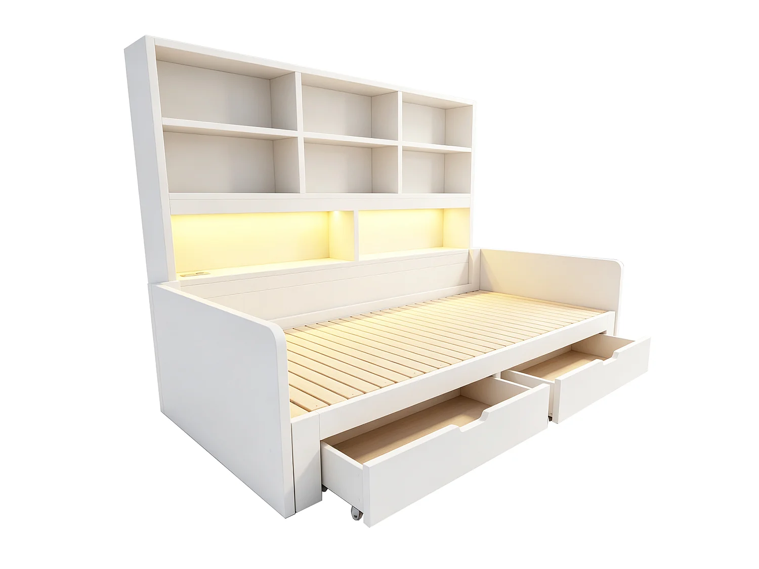 Träbäddsoffa 180 x 200 cm - med utdragbar säng - med LED-belysning - med eluttag - med 2 lådor - vit (madrass ingår ej)