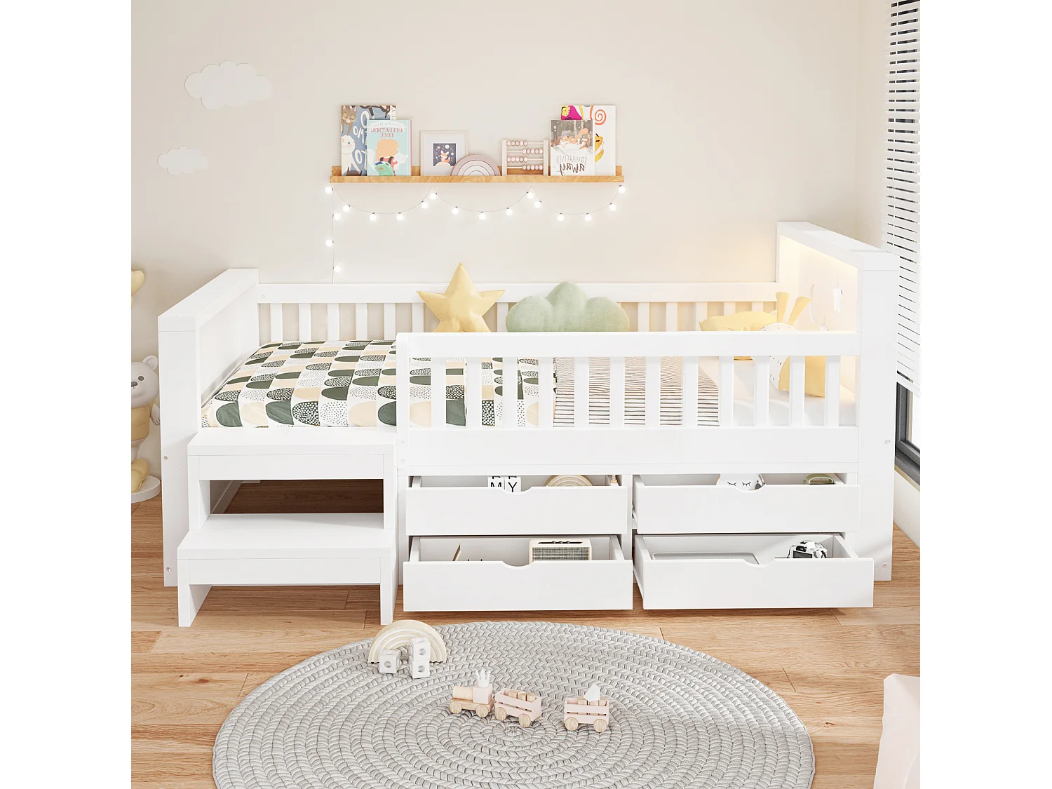 Kids bed 90 x 200 cm - with 4 drawers - with footrest and - with LED light - white (mattress not included)