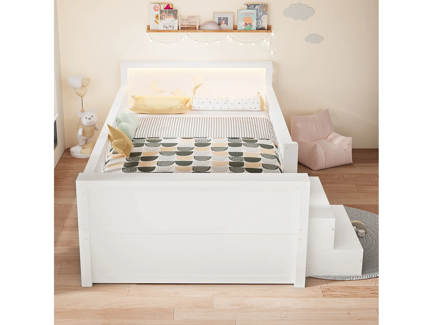 Kids bed 90 x 200 cm - with 4 drawers - with footrest and - with LED light - white (mattress not included)