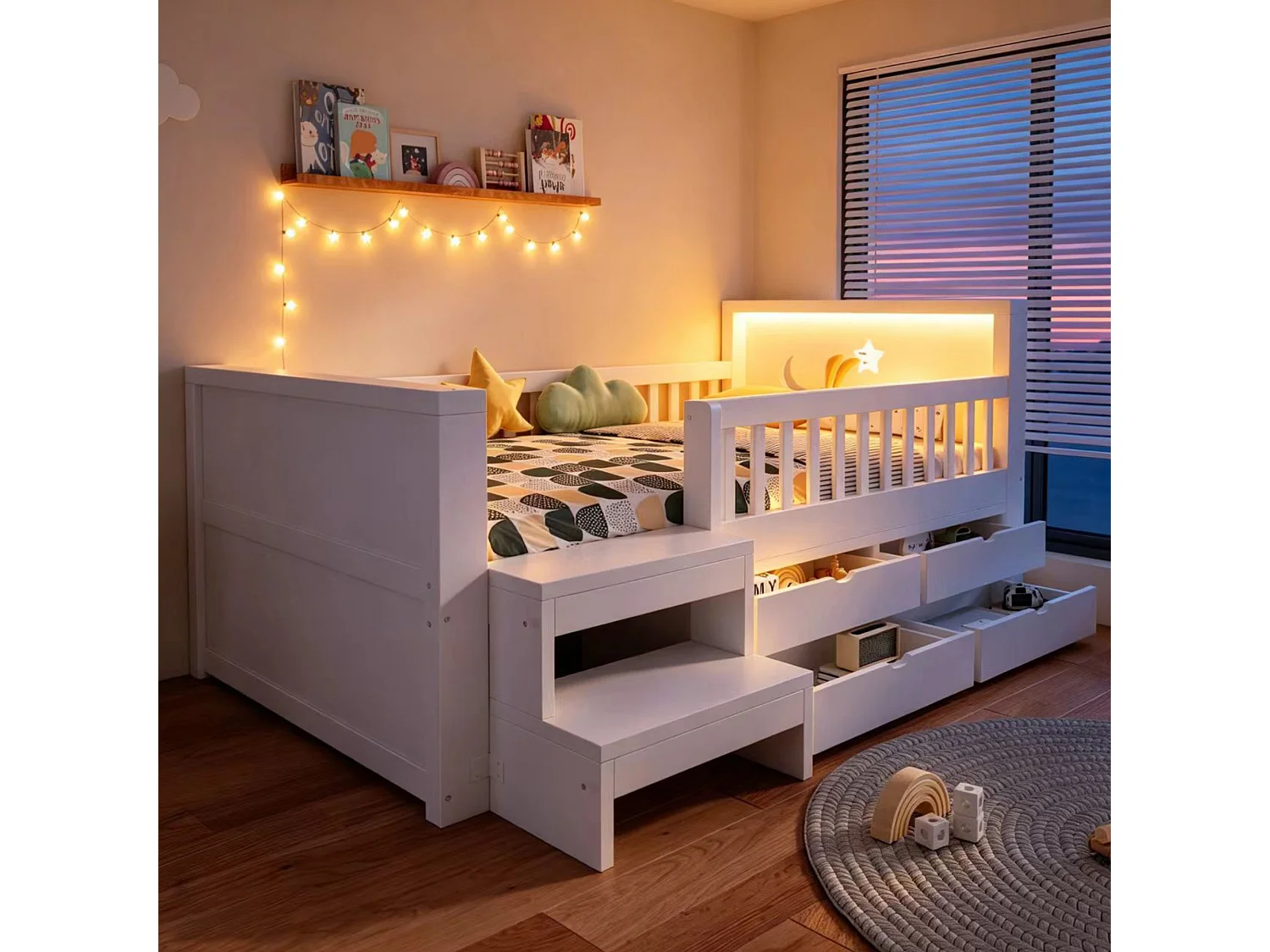 Kids bed 90 x 200 cm - with 4 drawers - with footrest and - with LED light - white (mattress not included)