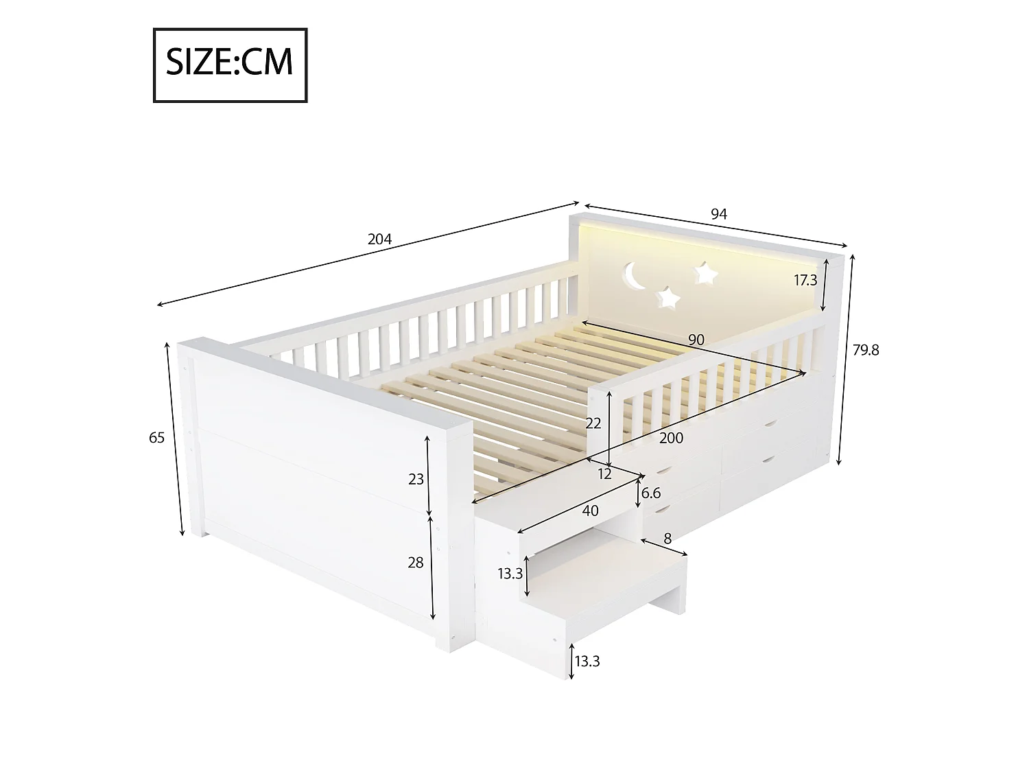 Kids bed 90 x 200 cm - with 4 drawers - with footrest and - with LED light - white (mattress not included)