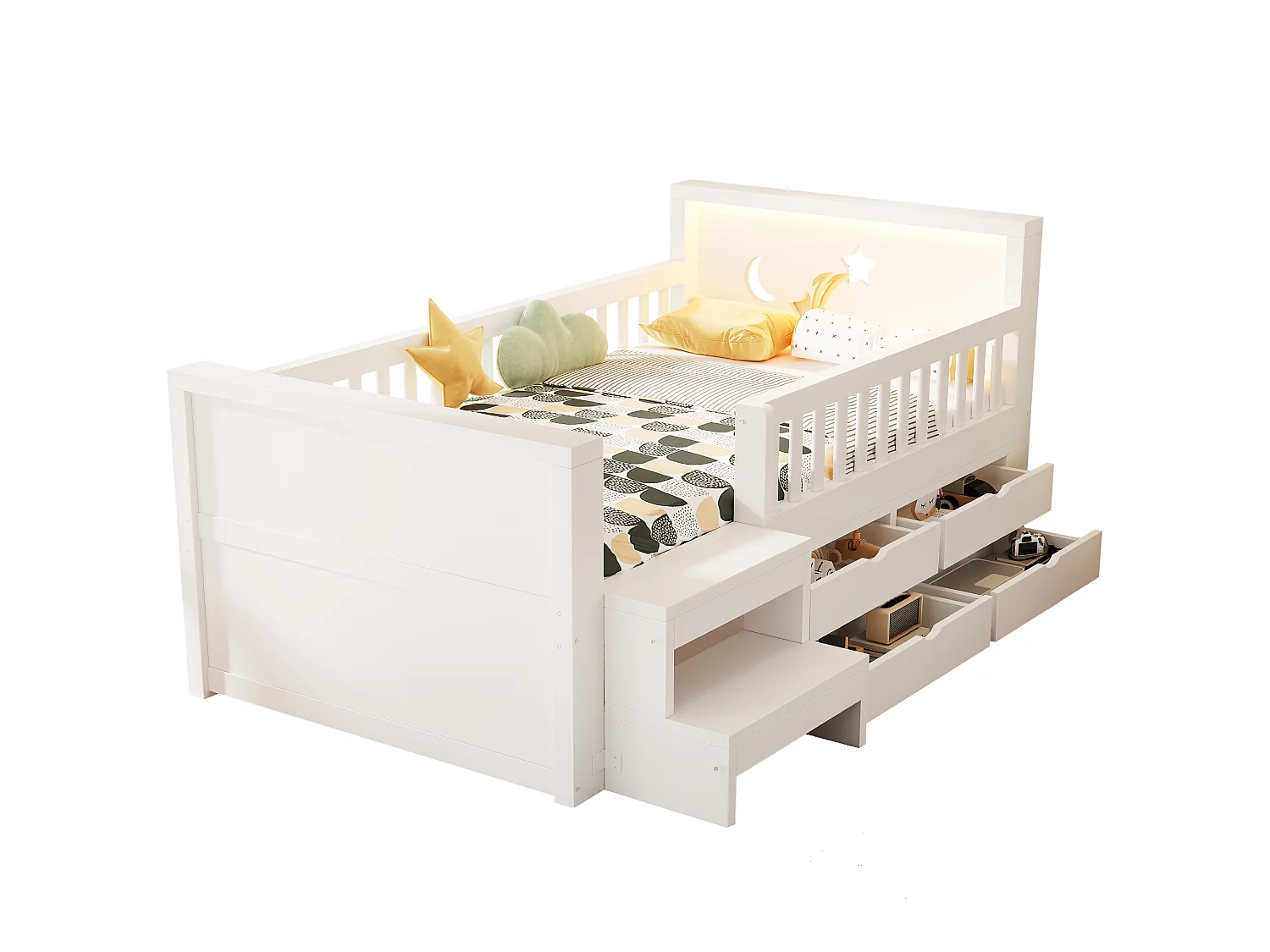 Kids bed 90 x 200 cm - with 4 drawers - with footrest and - with LED light - white (mattress not included)