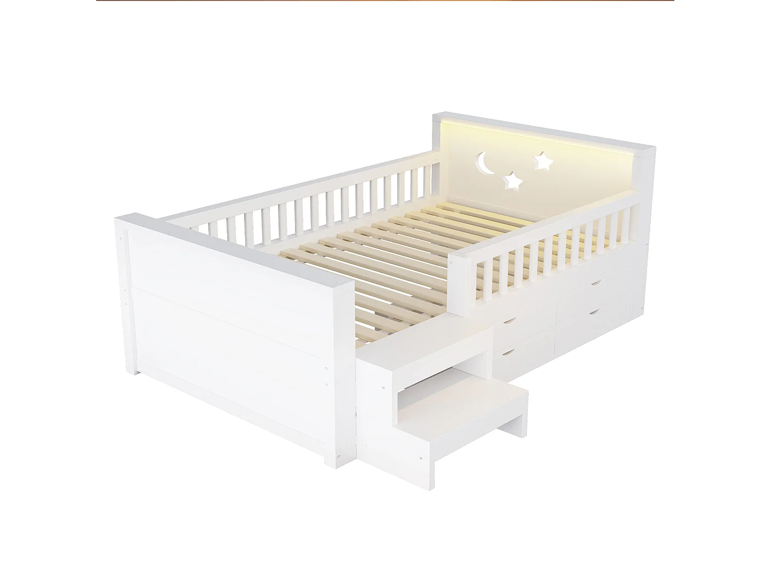 Kids bed 90 x 200 cm - with 4 drawers - with footrest and - with LED light - white (mattress not included)
