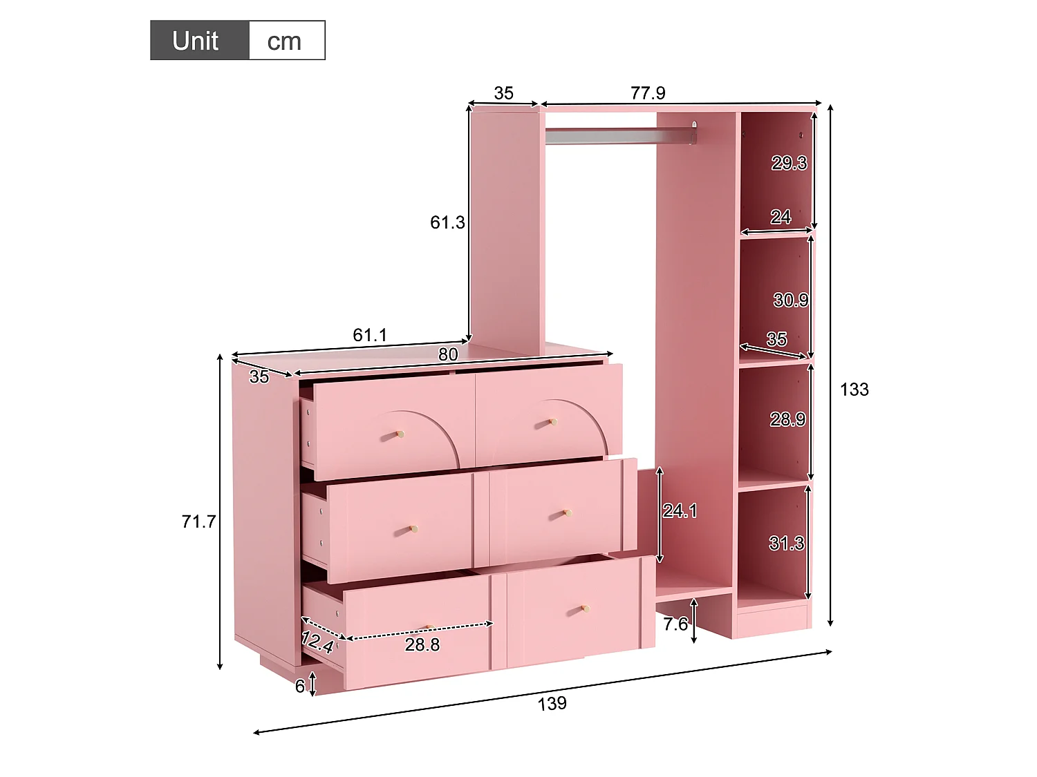Ensemble vestiaire d'entrée 139x35x133cm - conception ouverte - avec 6 tiroirs et portant à vêtements - compartiment de rangement - Rose