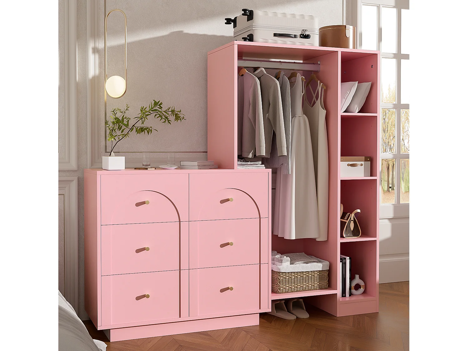 Ensemble vestiaire d'entrée 139x35x133cm - conception ouverte - avec 6 tiroirs et portant à vêtements - compartiment de rangement - Rose