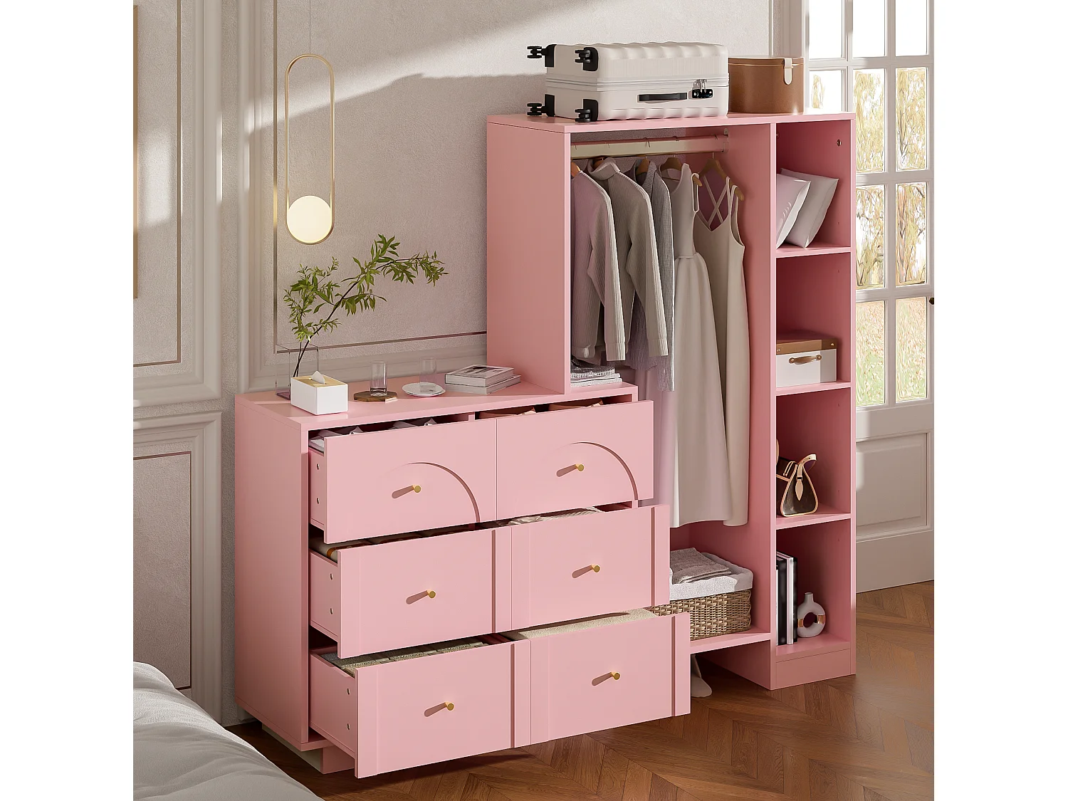 Ensemble vestiaire d'entrée 139x35x133cm - conception ouverte - avec 6 tiroirs et portant à vêtements - compartiment de rangement - Rose