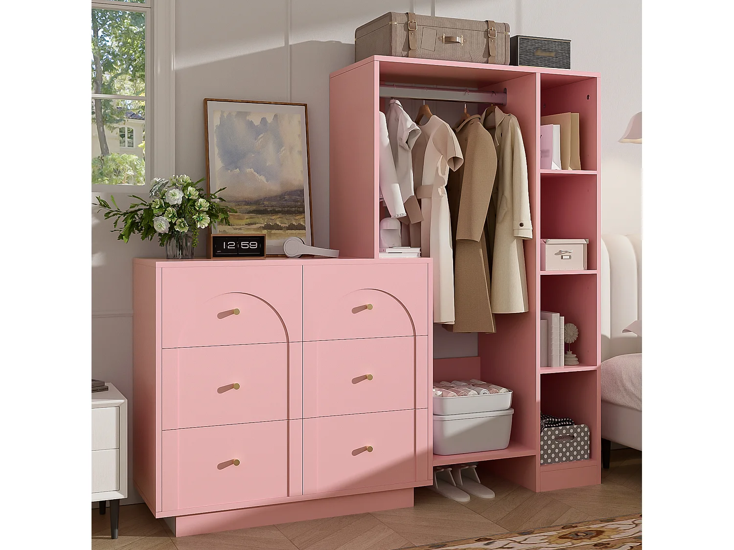 Ensemble vestiaire d'entrée 139x35x133cm - conception ouverte - avec 6 tiroirs et portant à vêtements - compartiment de rangement - Rose