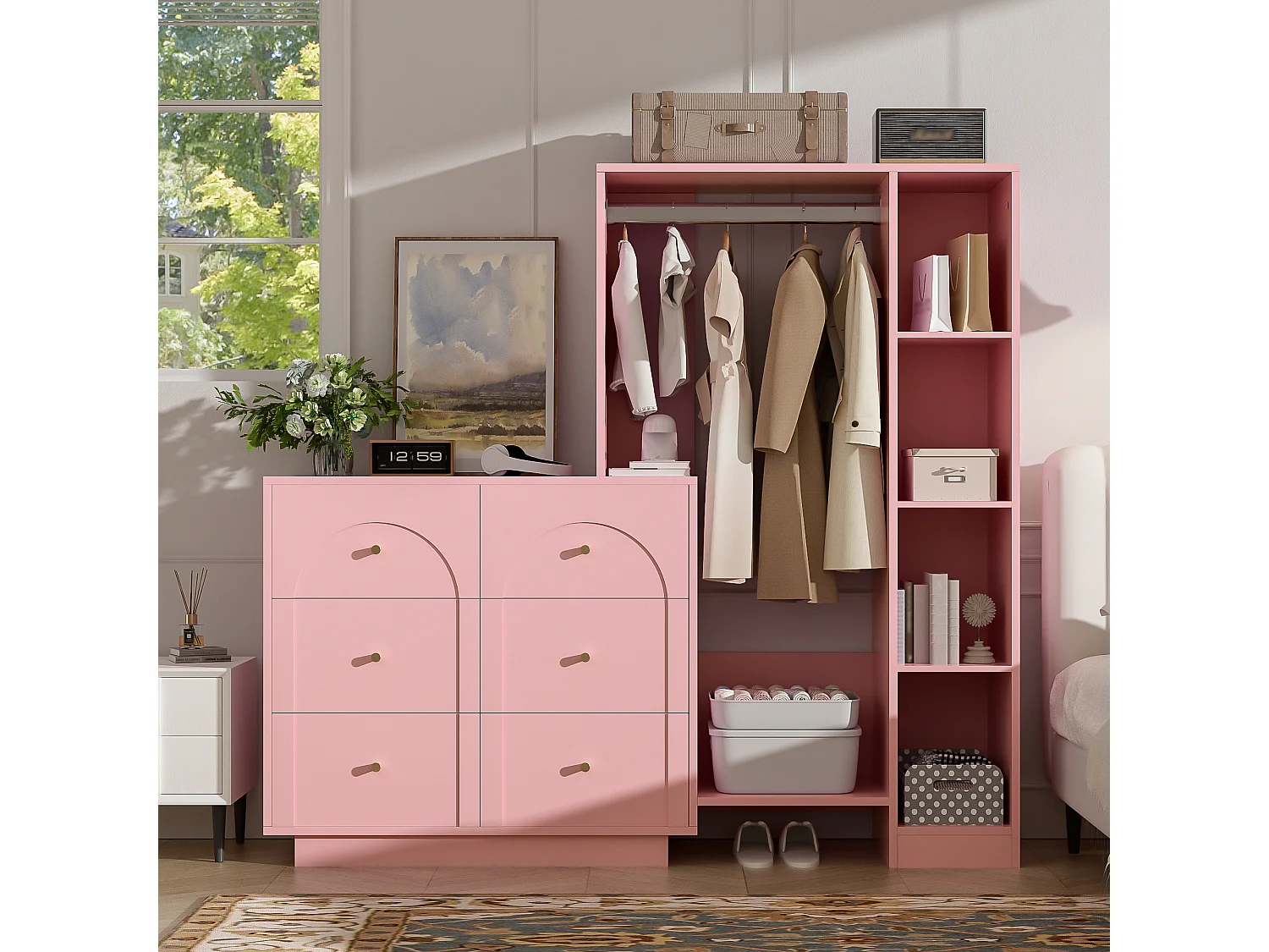 Ensemble vestiaire d'entrée 139x35x133cm - conception ouverte - avec 6 tiroirs et portant à vêtements - compartiment de rangement - Rose