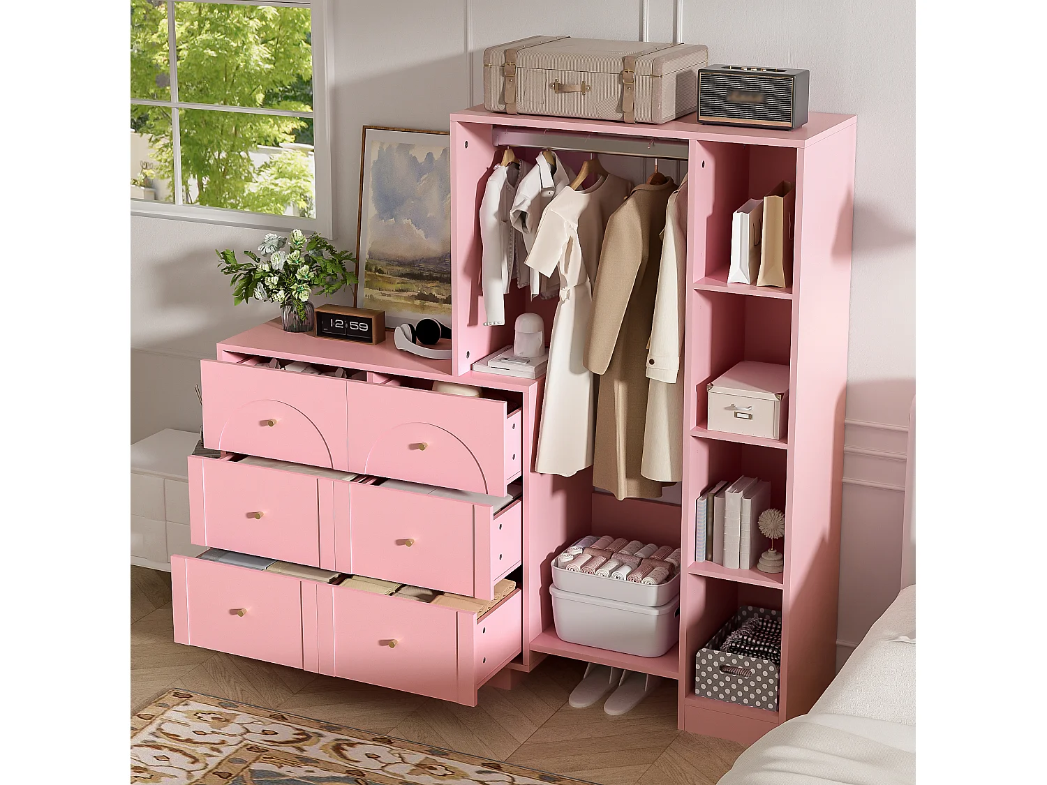 Ensemble vestiaire d'entrée 139x35x133cm - conception ouverte - avec 6 tiroirs et portant à vêtements - compartiment de rangement - Rose