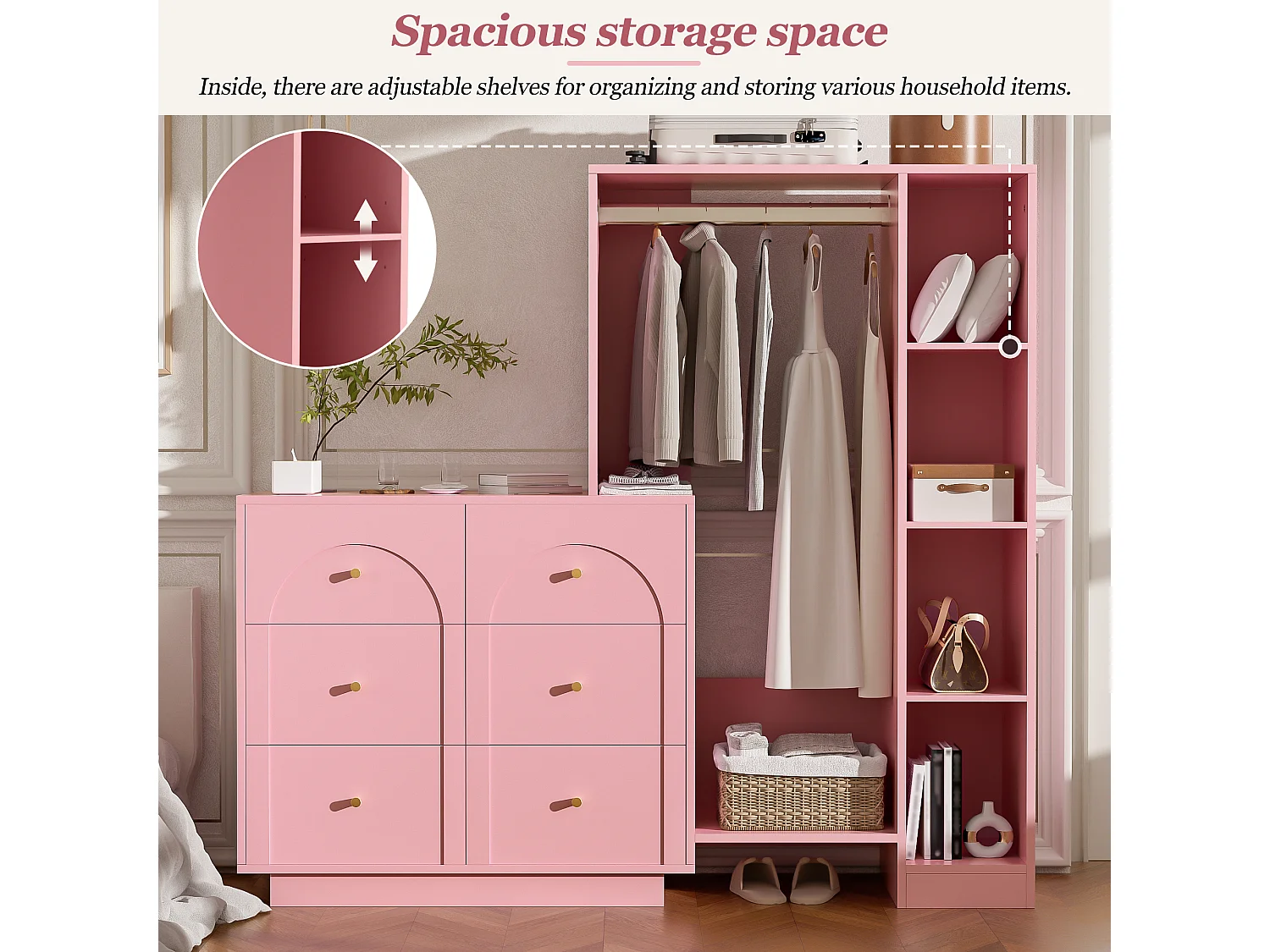 Ensemble vestiaire d'entrée 139x35x133cm - conception ouverte - avec 6 tiroirs et portant à vêtements - compartiment de rangement - Rose
