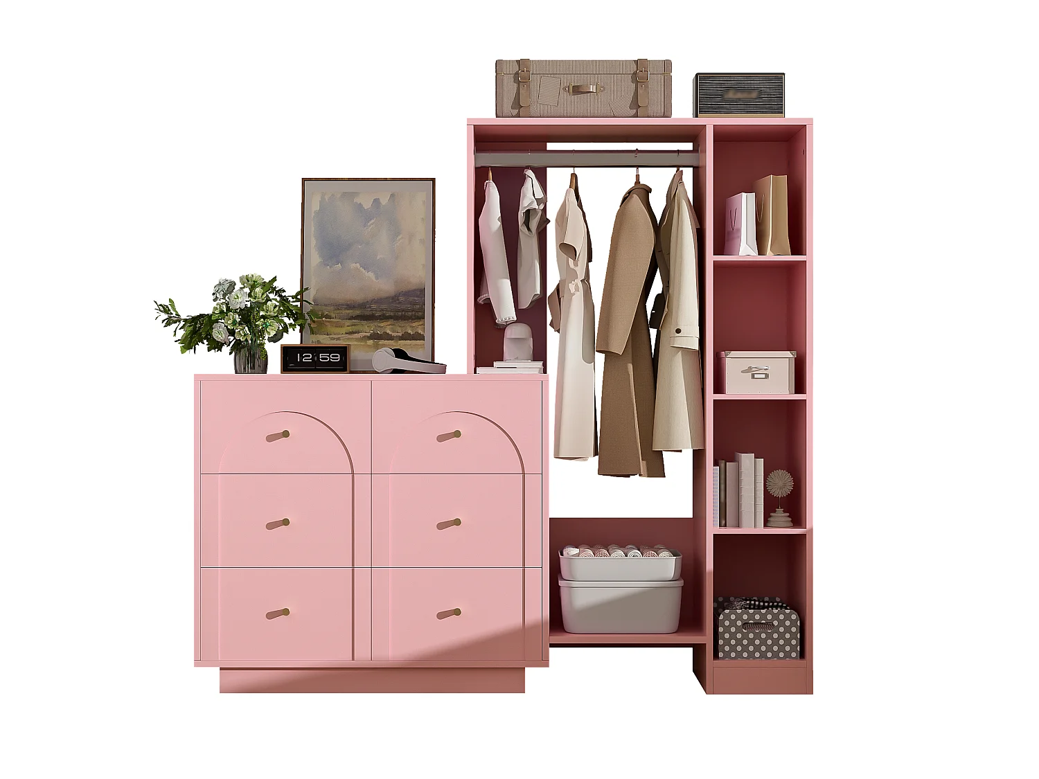 Ensemble vestiaire d'entrée 139x35x133cm - conception ouverte - avec 6 tiroirs et portant à vêtements - compartiment de rangement - Rose
