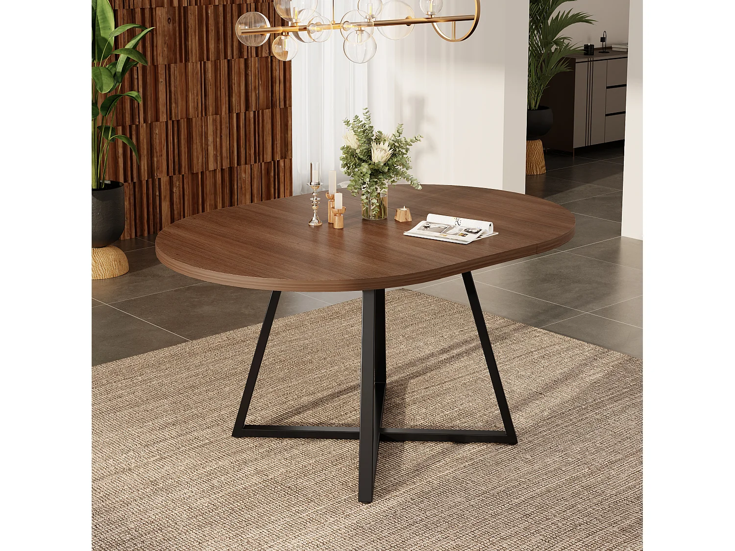 Table à manger ronde extensible 100/140x100 cm - Pour 4 à 6 personnes - Coins arrondis - Plateau épais - Placage chêne - Marron