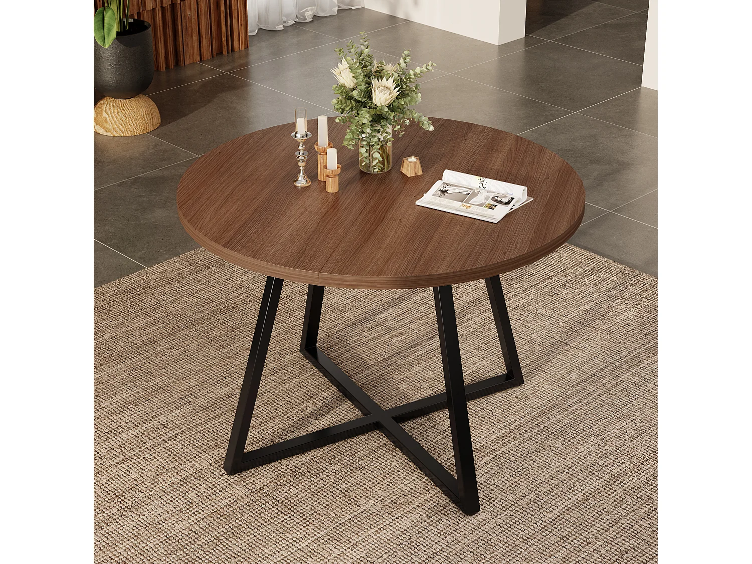 Table à manger ronde extensible 100/140x100 cm - Pour 4 à 6 personnes - Coins arrondis - Plateau épais - Placage chêne - Marron