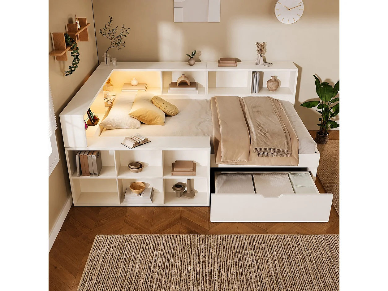 Canapé-lit 90x200cm - avec USB/Type-C - avec espace de rangement et lampe de lecture - avec tiroir et étagères ouvertes - blanc (matelas non inclus)