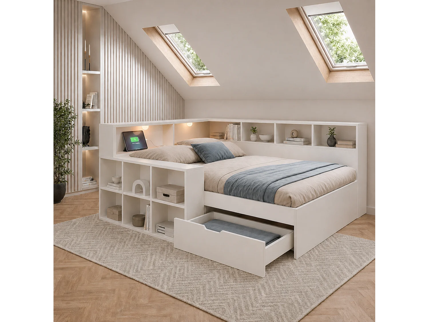 Canapé-lit 90x200cm - avec USB/Type-C - avec espace de rangement et lampe de lecture - avec tiroir et étagères ouvertes - blanc (matelas non inclus)