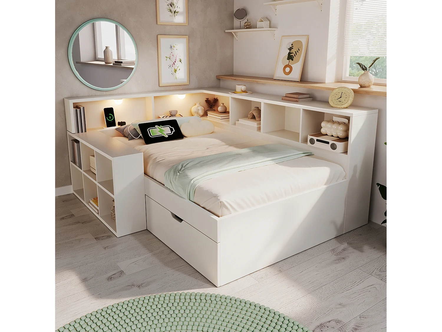 Canapé-lit 90x200cm - avec USB/Type-C - avec espace de rangement et lampe de lecture - avec tiroir et étagères ouvertes - blanc (matelas non inclus)