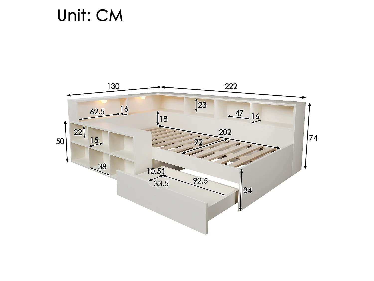 Canapé-lit 90x200cm - avec USB/Type-C - avec espace de rangement et lampe de lecture - avec tiroir et étagères ouvertes - blanc (matelas non inclus)