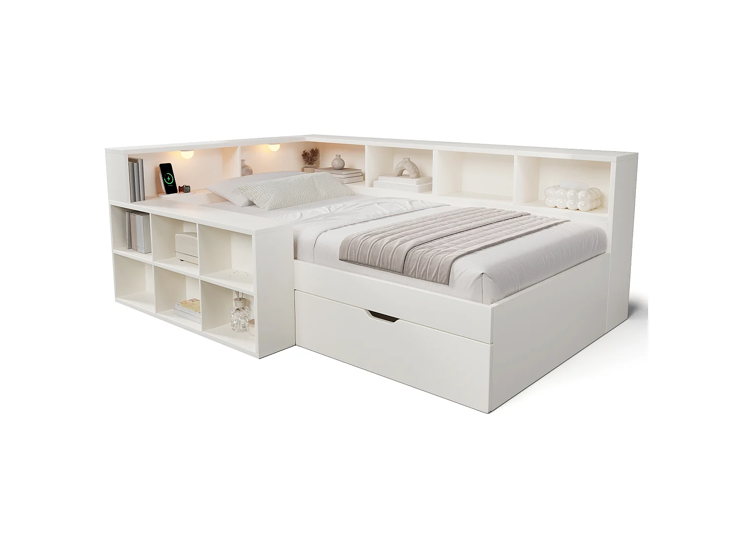 Canapé-lit 90x200cm - avec USB/Type-C - avec espace de rangement et lampe de lecture - avec tiroir et étagères ouvertes - blanc (matelas non inclus)
