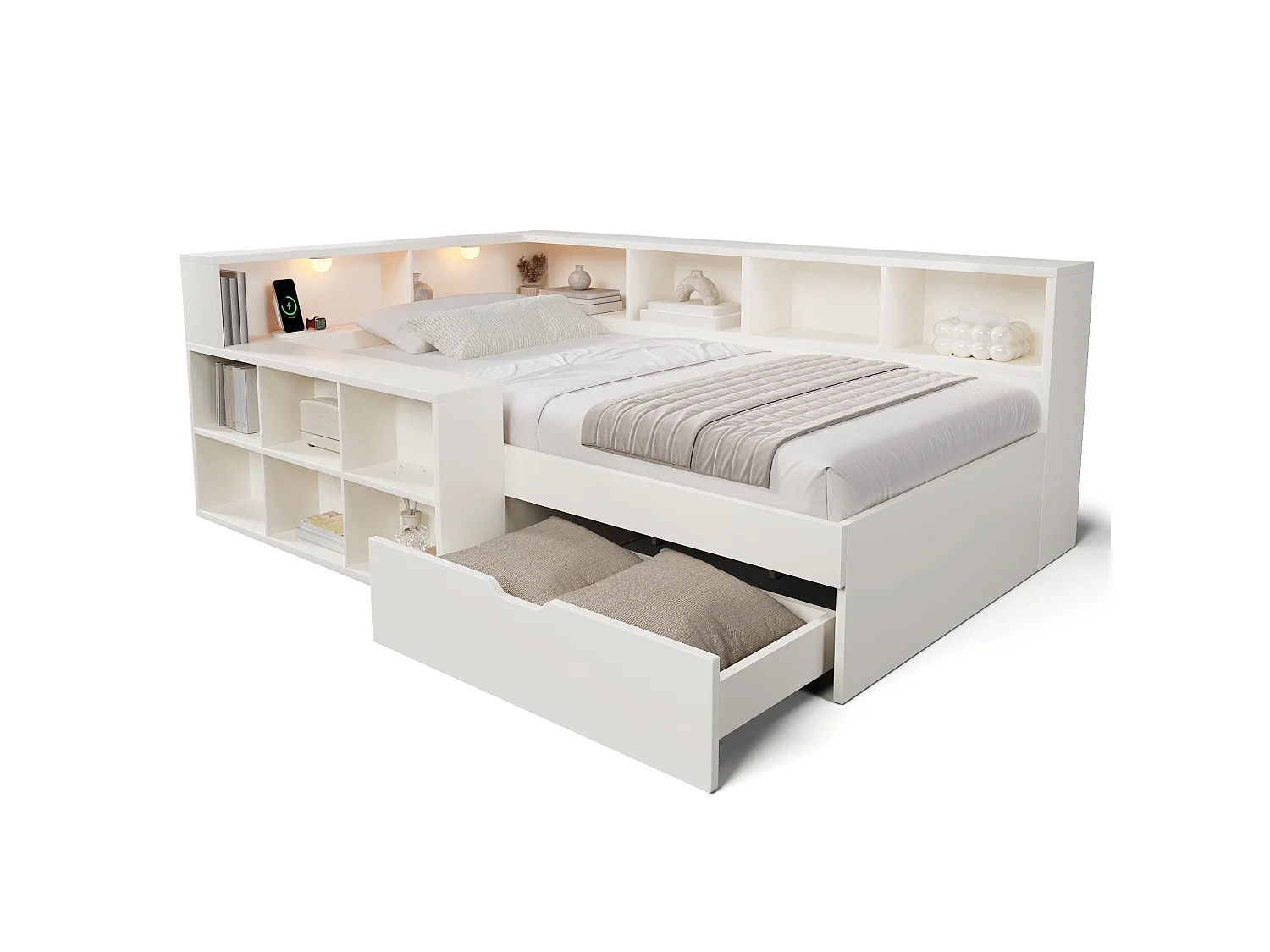 Canapé-lit 90x200cm - avec USB/Type-C - avec espace de rangement et lampe de lecture - avec tiroir et étagères ouvertes - blanc (matelas non inclus)