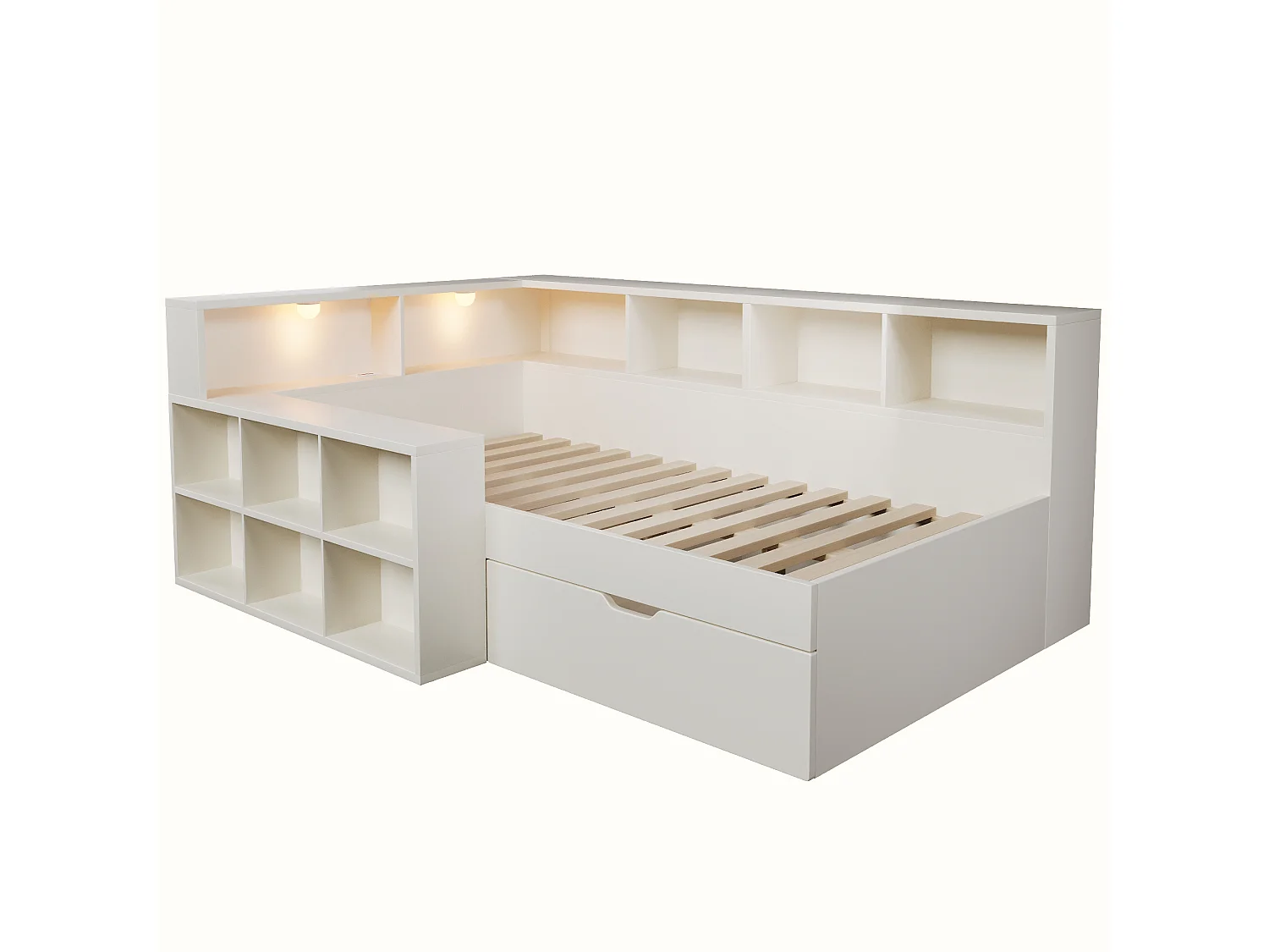 Canapé-lit 90x200cm - avec USB/Type-C - avec espace de rangement et lampe de lecture - avec tiroir et étagères ouvertes - blanc (matelas non inclus)