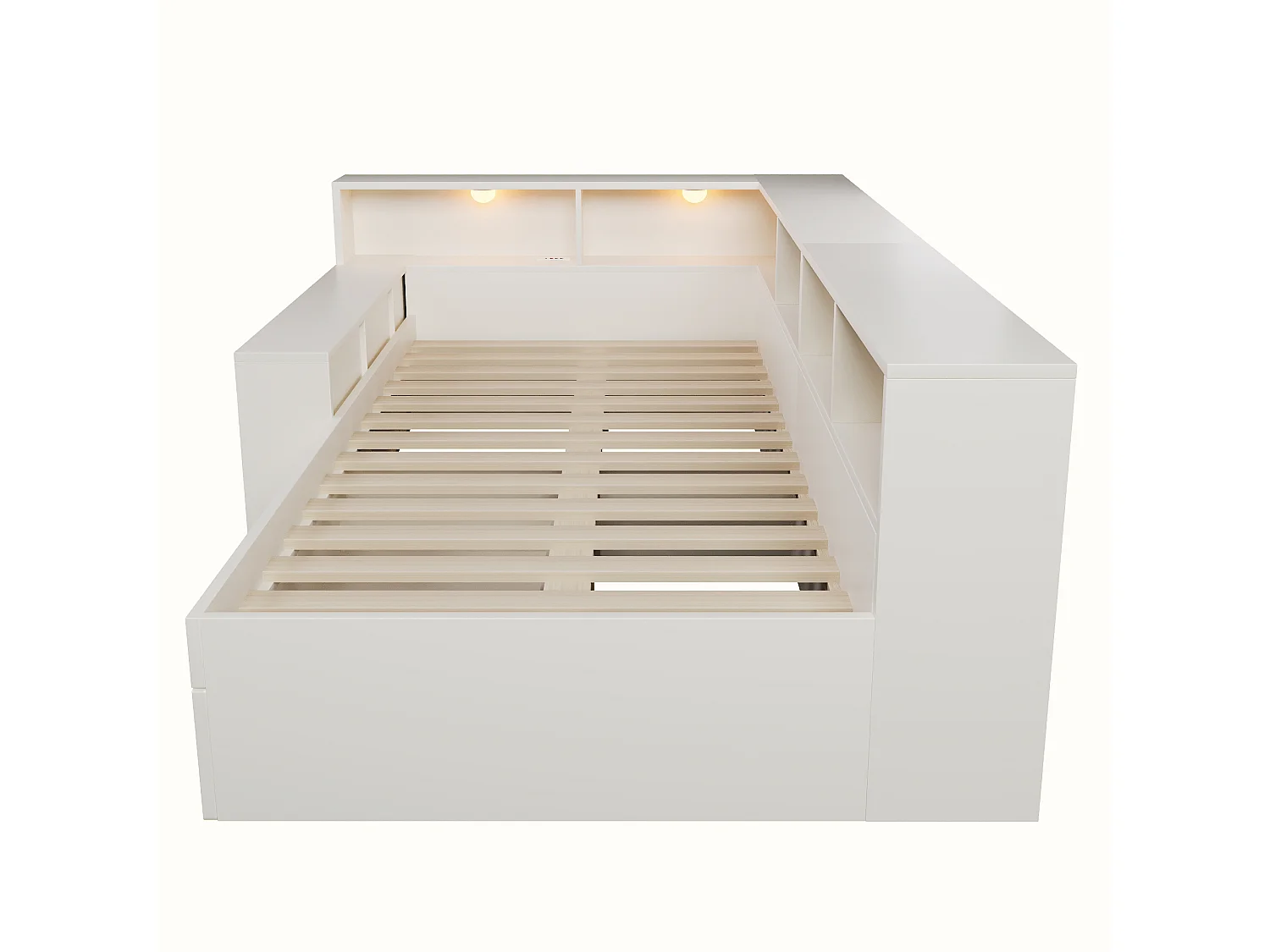 Canapé-lit 90x200cm - avec USB/Type-C - avec espace de rangement et lampe de lecture - avec tiroir et étagères ouvertes - blanc (matelas non inclus)