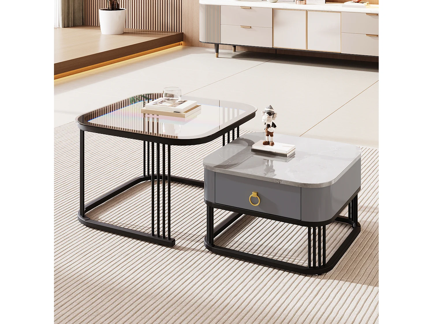 set van 2 salontafels - marmerlook glanzend - zwarte tafelpoten - met lade - zwart
