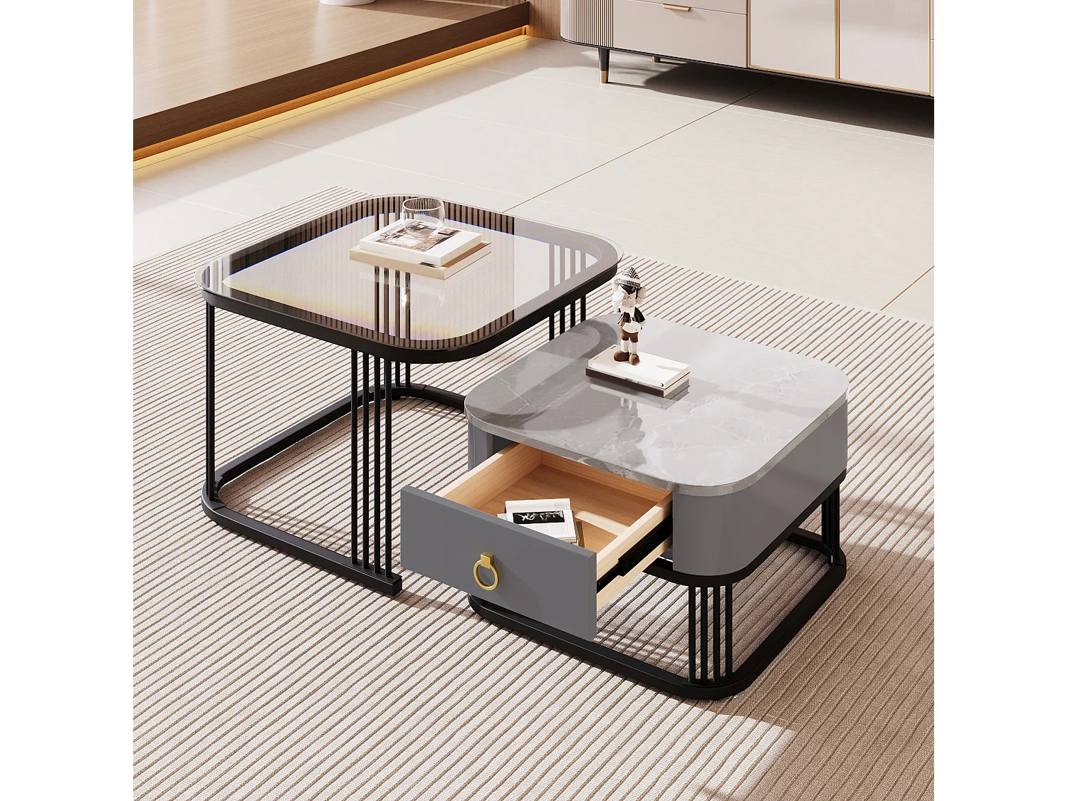 set van 2 salontafels - marmerlook glanzend - zwarte tafelpoten - met lade - zwart