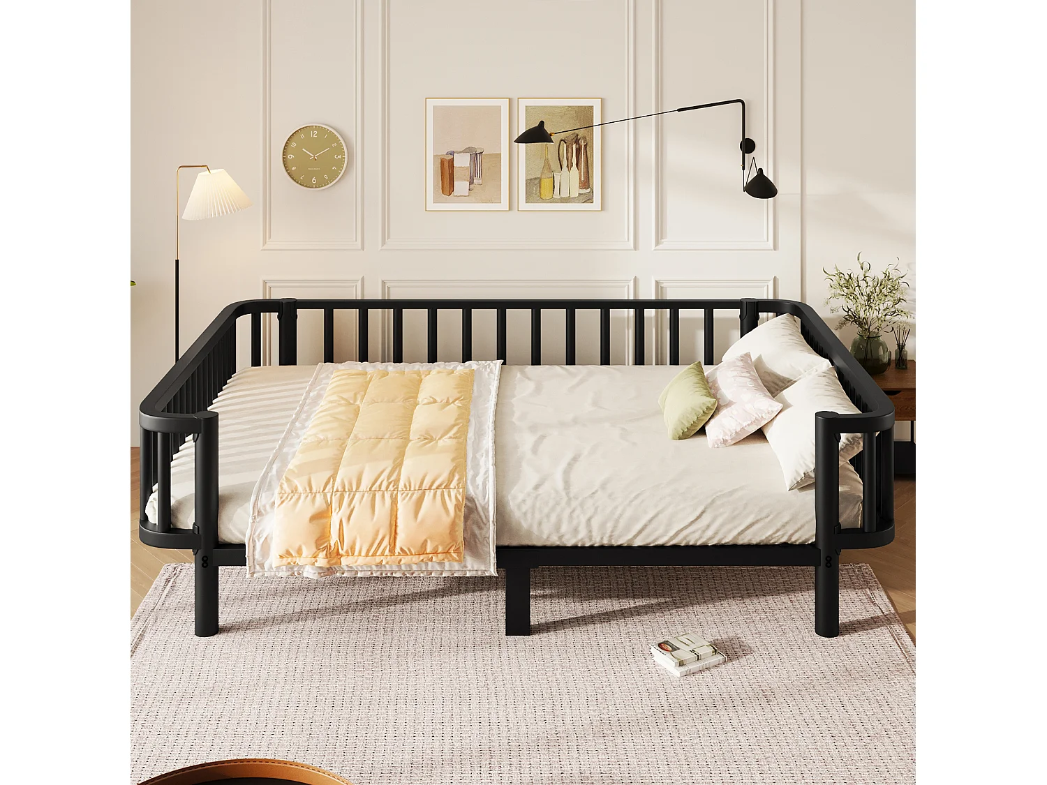 Sofá cama de metal 140x200 cm - Estructura robusta de acero - Somier de láminas metálicas - Diseño moderno - Negro (sin colchón)