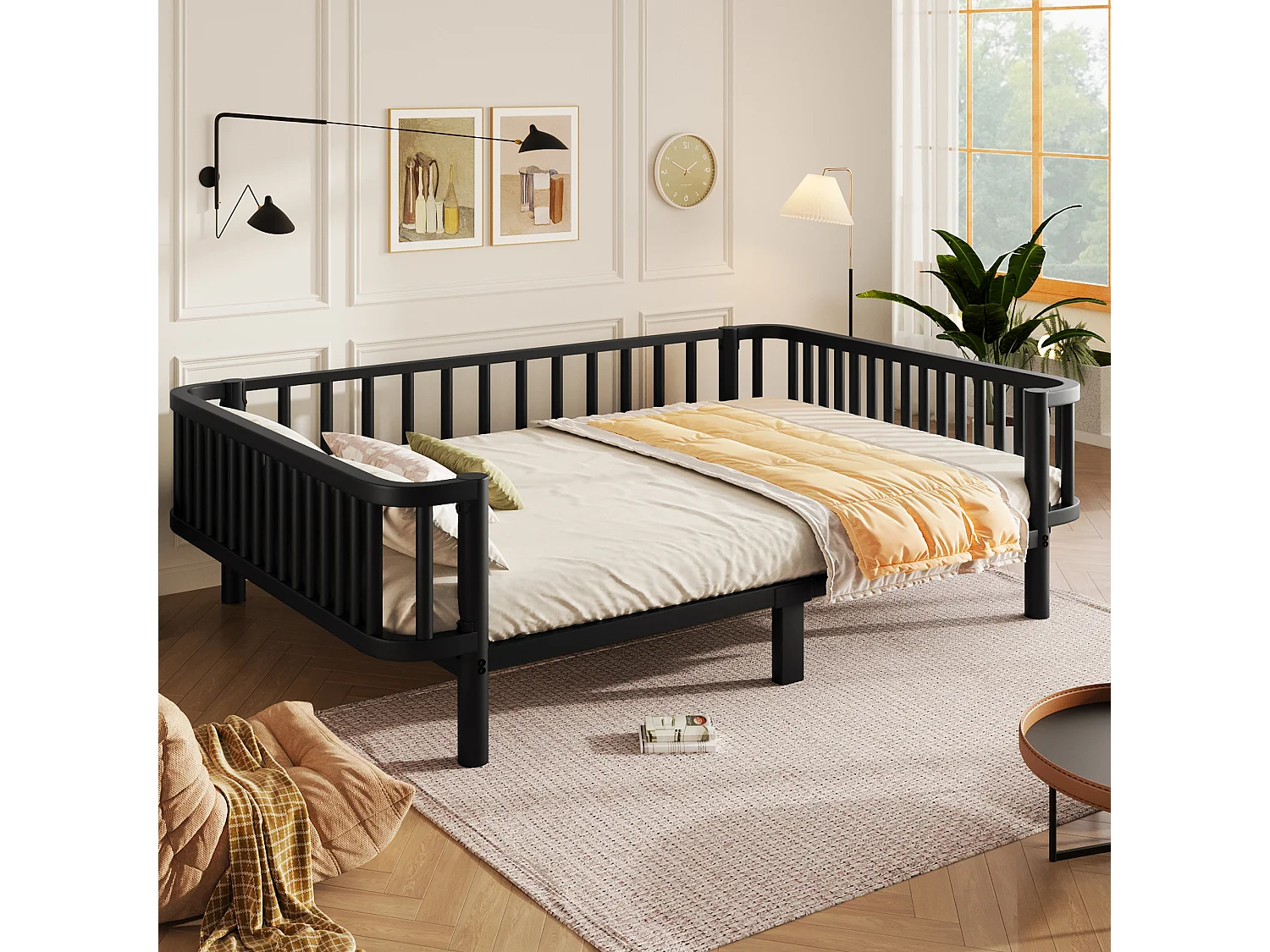 Sofá cama de metal 140x200 cm - Estructura robusta de acero - Somier de láminas metálicas - Diseño moderno - Negro (sin colchón)
