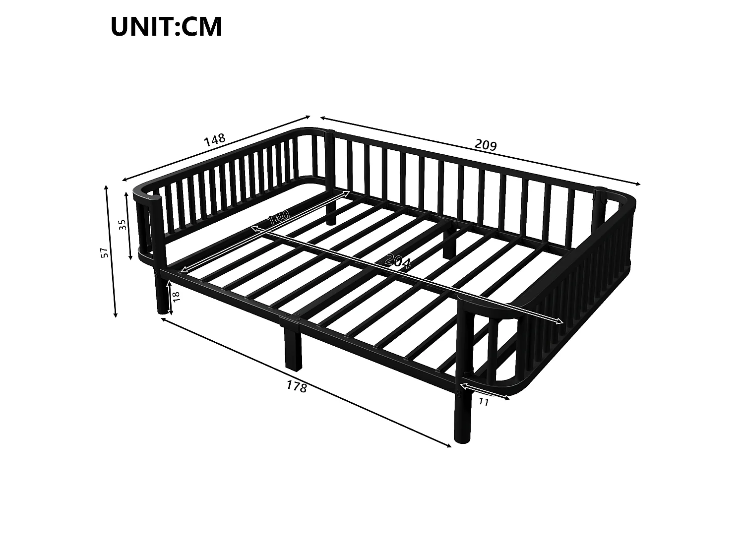 Sofá cama de metal 140x200 cm - Estructura robusta de acero - Somier de láminas metálicas - Diseño moderno - Negro (sin colchón)