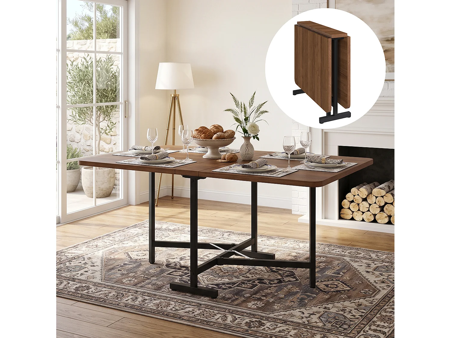 Table à manger extensible et pliable moderne - 120 x 80x75cm - adaptée pour 4 à 6 personnes - Marron