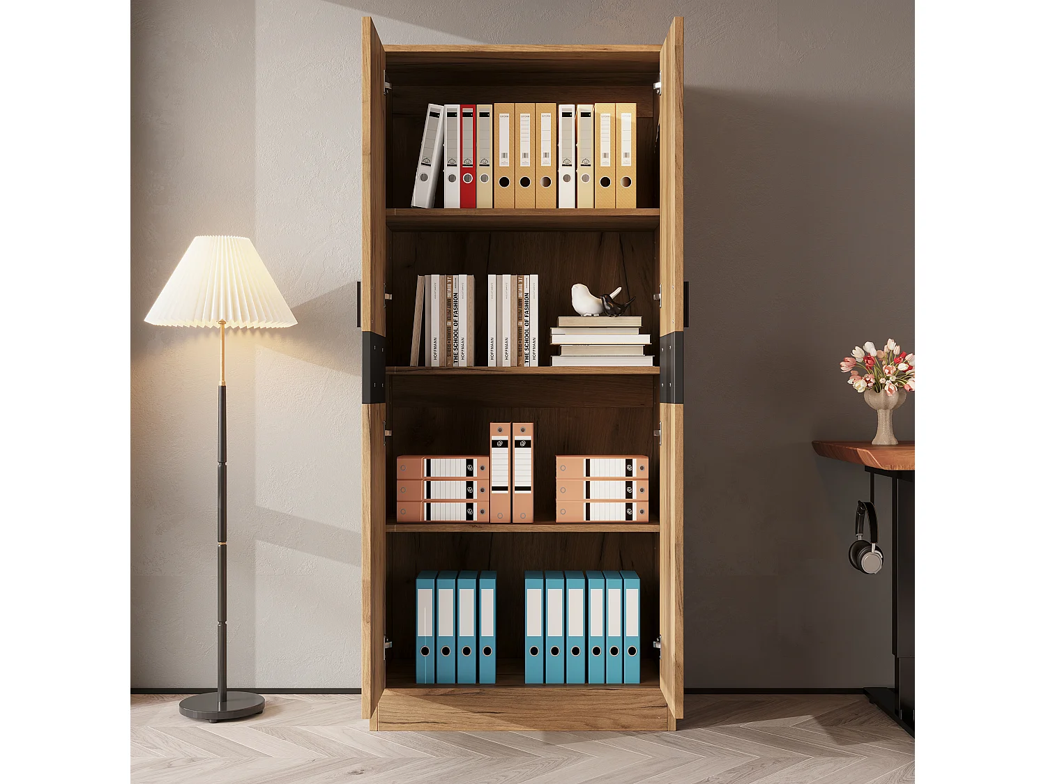 High cabinet, file cabinet 60x35x160 cm - Adjustable shelves and 4 doors - Particle boards - Wood finish - Natural and black
