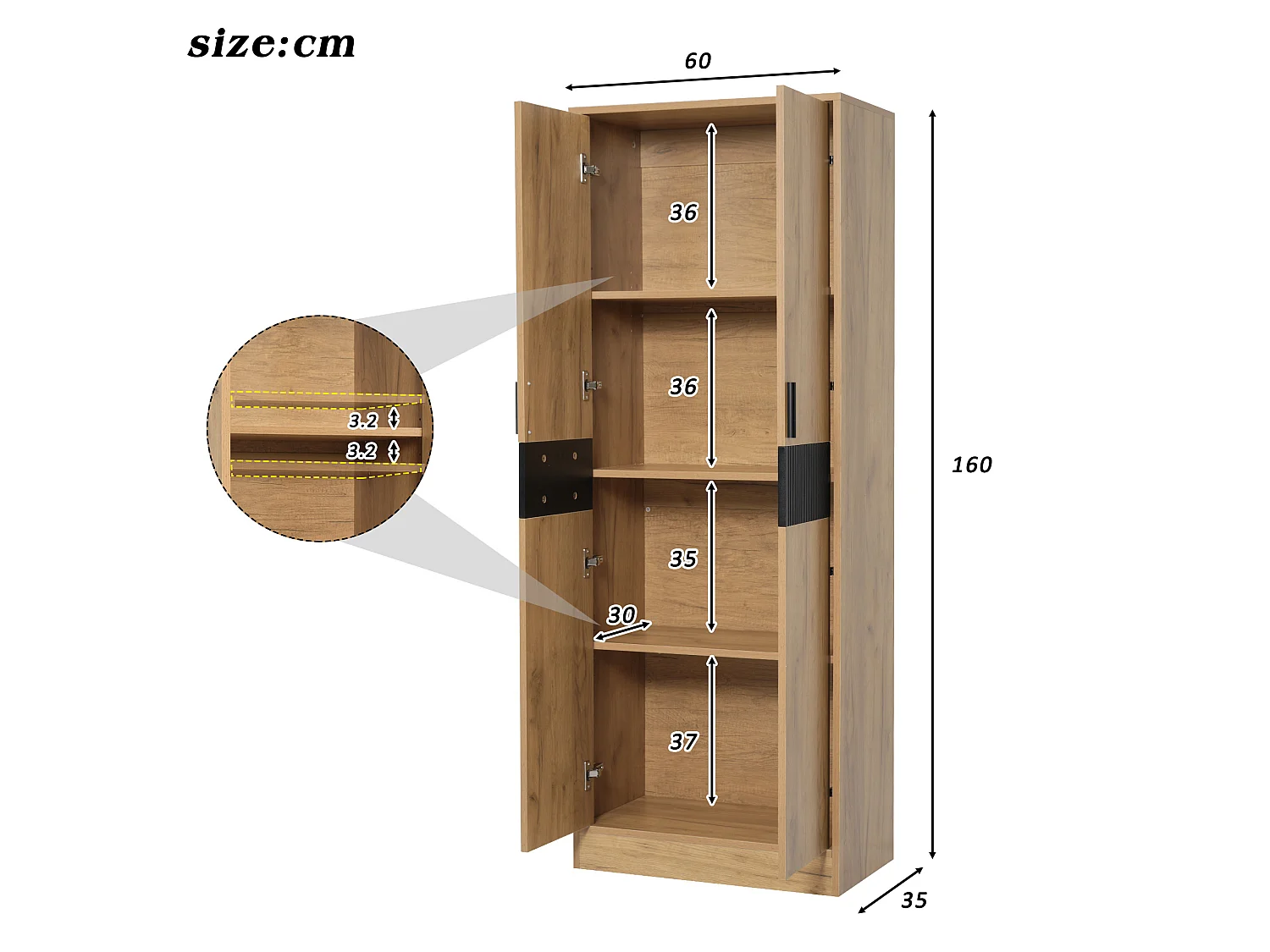 High cabinet, file cabinet 60x35x160 cm - Adjustable shelves and 4 doors - Particle boards - Wood finish - Natural and black