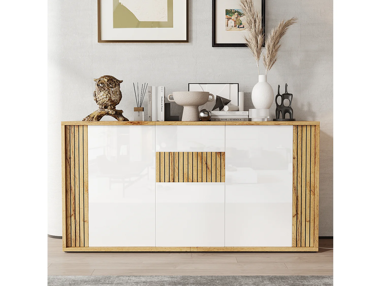 Modernt sideboard 140x35x71 cm - 3 dörrar och 6 förvaringsfack - Vågmönster - Glansig finish - MDF - Vit + Natur