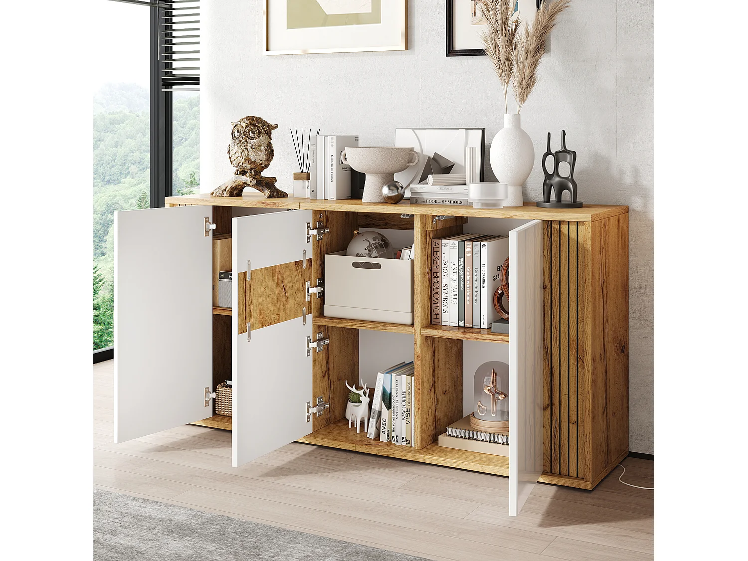 Modernt sideboard 140x35x71 cm - 3 dörrar och 6 förvaringsfack - Vågmönster - Glansig finish - MDF - Vit + Natur