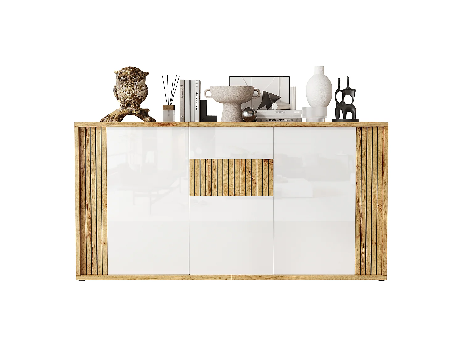 Modernt sideboard 140x35x71 cm - 3 dörrar och 6 förvaringsfack - Vågmönster - Glansig finish - MDF - Vit + Natur