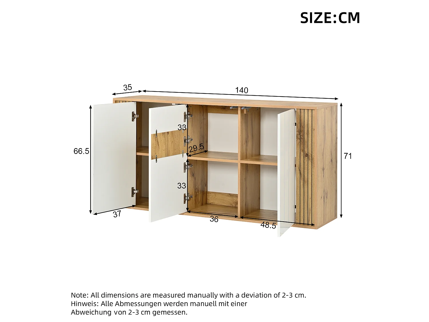 Modernt sideboard 140x35x71 cm - 3 dörrar och 6 förvaringsfack - Vågmönster - Glansig finish - MDF - Vit + Natur
