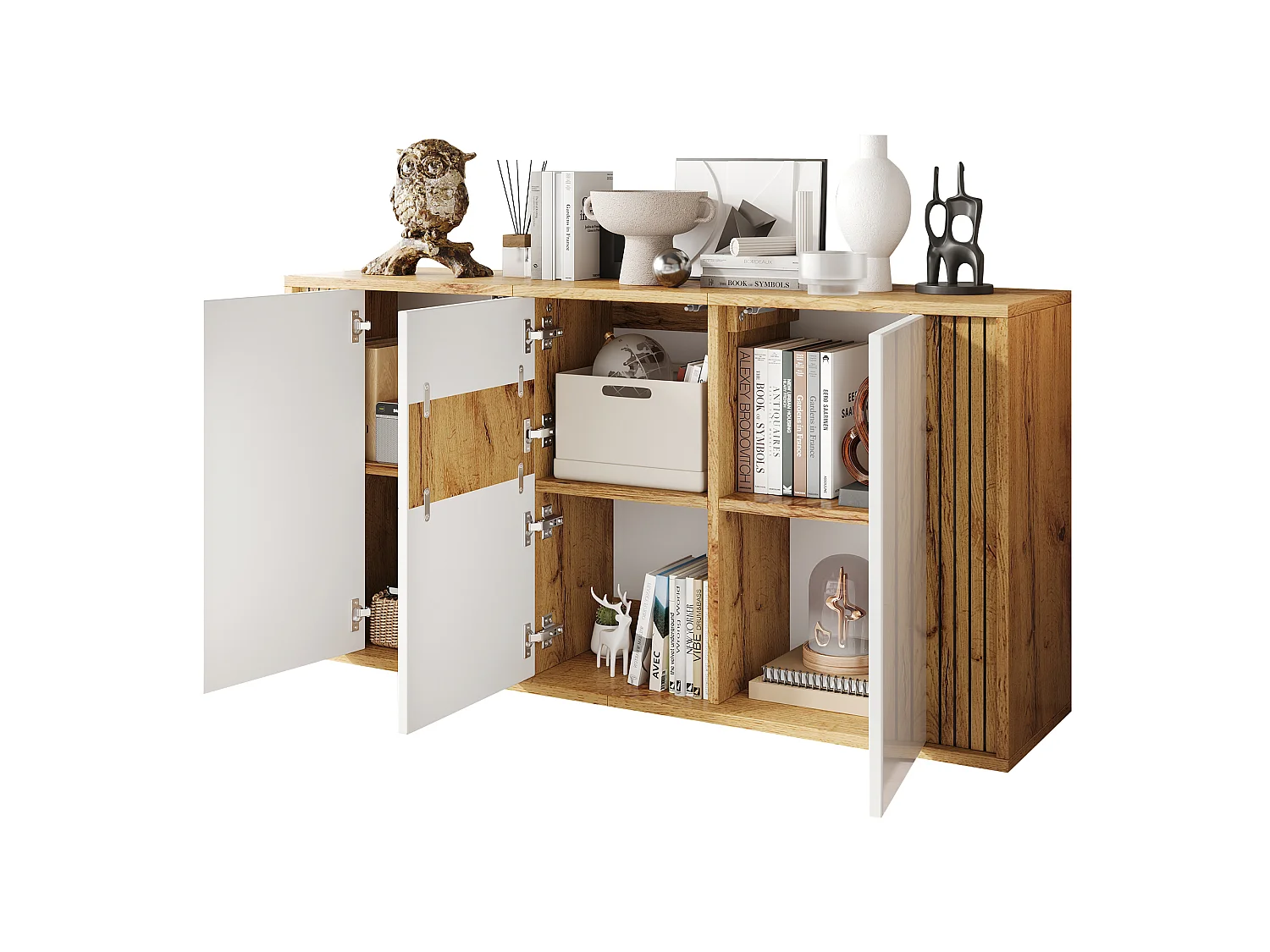 Modernt sideboard 140x35x71 cm - 3 dörrar och 6 förvaringsfack - Vågmönster - Glansig finish - MDF - Vit + Natur