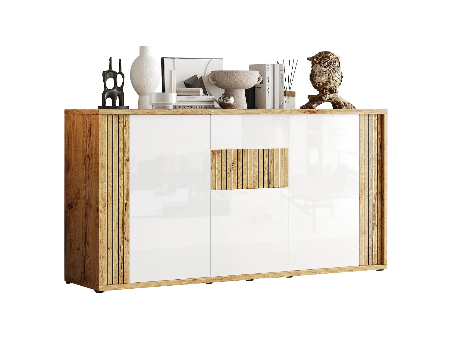 Modernt sideboard 140x35x71 cm - 3 dörrar och 6 förvaringsfack - Vågmönster - Glansig finish - MDF - Vit + Natur