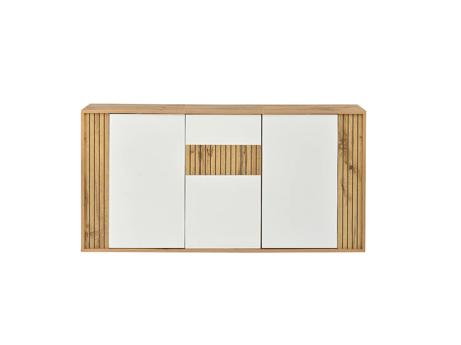 Modernt sideboard 140x35x71 cm - 3 dörrar och 6 förvaringsfack - Vågmönster - Glansig finish - MDF - Vit + Natur