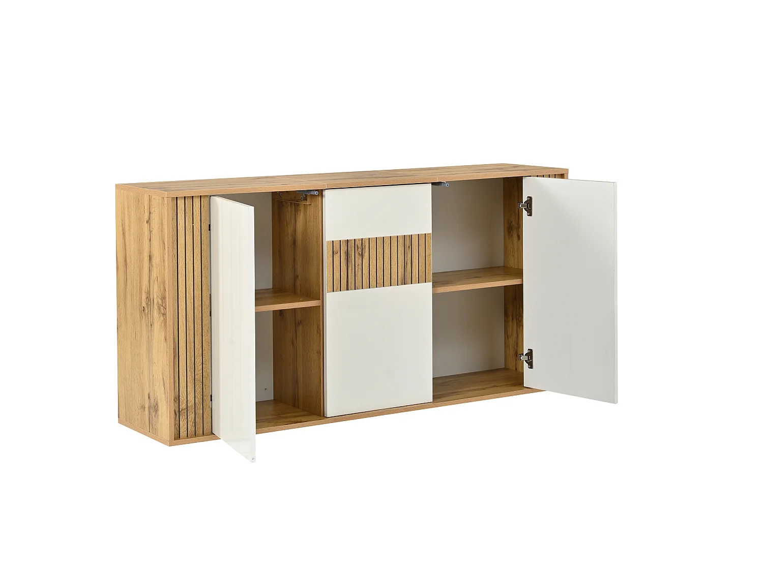 Modernt sideboard 140x35x71 cm - 3 dörrar och 6 förvaringsfack - Vågmönster - Glansig finish - MDF - Vit + Natur