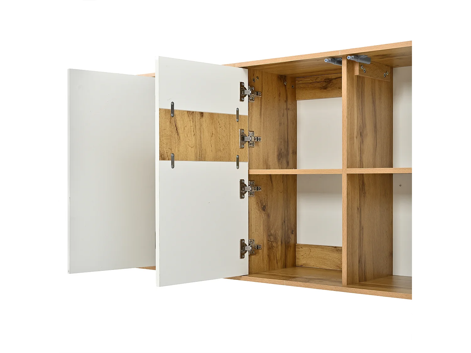 Modernt sideboard 140x35x71 cm - 3 dörrar och 6 förvaringsfack - Vågmönster - Glansig finish - MDF - Vit + Natur