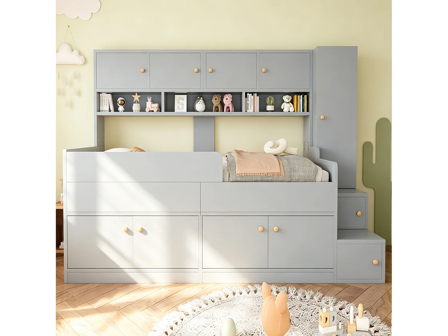 Lit enfant en bois 90 x 200 cm - avec espace de rangement - avec éclairage LED - avec barrières de sécurité - gris (matelas non inclus)